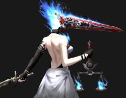 1girl absurdres backless_dress backless_outfit balance_scale black_background black_gloves black_sleeves blue_fire breasts chainsaw_man detached_sleeves dress elizabeth_rose_bloodflame fire fire_on_chest from_behind gloves highres holding holding_sword holding_weapon hololive hololive_english kizuru09 medium_breasts simple_background single_detached_sleeve solo sword thorn_(elizabeth_rose_bloodflame) virtual_youtuber weapon weighing_scale white_dress