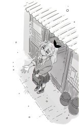 1girl bag bow closed_mouth greyscale hair_between_eyes hair_ribbon holding holding_bag house long_hair looking_up monochrome original outdoors ponytail pot ribbon royal_tea school_bag school_uniform shadow skirt snow snowing solo standing