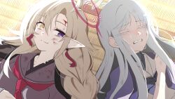 2girls absurdres amtkmituki ayame_(blue_archive) blood blood_on_face blue_archive blue_neckerchief braid brown_hair bruise bruise_on_face closed_mouth collarbone commentary_request crying cuts earrings grey_hair halo heterochromia highres injury jewelry long_hair multiple_girls nagusa_(blue_archive) neckerchief pointy_ears purple_eyes purple_sailor_collar purple_shirt red_neckerchief sailor_collar school_uniform shirt white_shirt