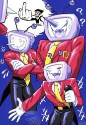 2boys ? anger_vein ant_tenna belt black_belt black_pants blush_stickers chantaro0611 crossed_arms crt deltarune fangs flying_sweatdrops gloves heterochromatic_eyewear highres male_focus middle_finger multiple_boys multiple_views necktie object_head open_mouth pants pointy_nose single_blush_sticker spamton_g._spamton sparkle sweat tailcoat tinted_eyewear tongue tongue_out white_gloves yellow_necktie