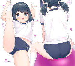 1girl ass black_buruma black_eyes black_hair buruma gym_shirt gym_uniform heart kneehighs loli low_twintails makigai medium_hair midriff_peek multiple_views musical_note nape navel open_mouth original panties panties_under_buruma panty_peek shirt short_sleeves short_twintails simple_background smile socks sound_effects split spoken_musical_note standing standing_on_one_leg standing_split tareme twintails underwear white_background white_shirt white_socks