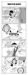 1boy 2girls 4koma ^^^ absurdres anger_vein bottomless censored clothing_aside comic crying english_text from_below glasses hair_ornament hairclip highres lewlem loli long_hair long_sleeves lotion_bottle lying monochrome multiple_girls navel novelty_censor on_back original outdoors panels pussy round_eyewear sand sitting solid_circle_eyes speech_bubble spread_legs swimsuit swimsuit_aside tears thigh_grab thighs video_camera wariza