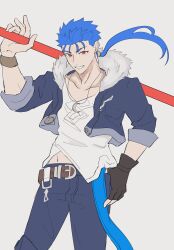 1boy belt blue_hair cowboy_shot crescent crescent_necklace cropped_jacket cu_chulainn_(fate) cu_chulainn_(fate/stay_night) cu_chulainn_(honkai:_star_rail)_(fate) denim earrings fate/stay_night fate_(series) fingerless_gloves fur-trimmed_jacket fur_trim gae_bolg_(fate) gloves grey_background hair_tubes highres holding holding_polearm holding_weapon honkai:_star_rail honkai_(series) jacket jeans jewelry long_hair looking_at_viewer male_focus midriff_peek necklace open_mouth pants polearm ponytail red_eyes renkon_eko shirt simple_background single_fingerless_glove single_hair_tube smile solo weapon white_shirt