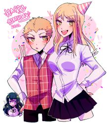 1boy 2girls angry birthday blush breasts danganronpa_(series) danganronpa_3_(anime) eyebrows green_eyes green_hair happy hat highres huyandere kuzuryu_fuyuhiko kuzuryu_natsumi long_hair multiple_girls necktie open_mouth pants purple_eyes satou_(danganronpa) school_uniform shirt short_hair skirt sweater sweater_vest white_shirt