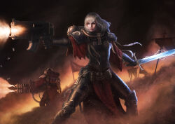 1girl 1other adepta_sororitas ambiguous_gender armor asymmetrical_dual_wielding battlefield bolter captdiablo commentary dual_wielding embers english_commentary explosive facial_scar flag grenade gun highres holding holding_gun holding_sword holding_weapon pelvic_curtain pouch red_eyes scar scar_on_cheek scar_on_face sword warhammer_40k weapon white_hair