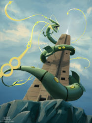 blue_sky cloud cloudy_sky commentary creature day door dragon english_commentary floating from_below full_body gen_3_pokemon highres legendary_pokemon mcgmark mega_evolution mega_pokemon mega_rayquaza nintendo no_humans pokemon pokemon_(creature) rayquaza signature sky sky_pillar solo tower watermark web_address window