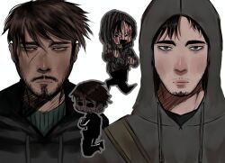 2boys :d :| afraid_of_monsters bags_under_eyes beard beard_stubble black_eyes black_hair black_horns black_shirt blood blood_from_forehead blood_on_clothes blood_on_face blood_on_hands bloody_weapon blush brown_hair chibi chibi_inset closed_mouth cry_of_fear david_leatherhoff dirty dirty_face dual_persona empty_eyes evil_grin evil_smile exhausted facial_hair floating grey_eyes grey_hoodie grin hammer highres holding holding_hammer hood hood_down hood_up hoodie horns looking_at_viewer looking_back male_focus multiple_boys open_mouth panickedintig scar scar_on_face shirt short_hair simon_henriksson simon_henriksson_(book) smile stubble swept_bangs the_addiction_(afraid_of_monsters) turtleneck unamused upper_body walking weapon