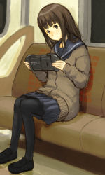 1girl atari atari_lynx cardigan female_focus handheld_game_console lynx original pantyhose playing_games pomo_rosso school_uniform serafuku solo train train_interior video_game