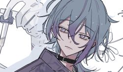 Rule 34 | 1boy, black sailor collar, choker, collar, collared shirt, hair between eyes, highres, kesiks0616, looking to the side, male focus, multicolored hair, original, portrait, purple eyes, purple hair, purple shirt, sailor collar, shirt, short hair, simple background, virtual youtuber