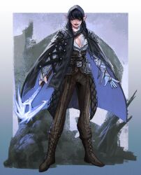 1girl 202vincent absurdres axe bandages black_hair black_lips boots breasts brown_pants cleavage coat coat_on_shoulders commentary commission english_commentary full_body glowing glowing_weapon highres holding holding_weapon hood hood_up lace-up_boots looking_at_viewer makeup medium_hair original pants pointy_ears runes runny_makeup shirt simple_background solo standing swept_bangs unbuttoned unbuttoned_shirt veins weapon white_eyes white_shirt
