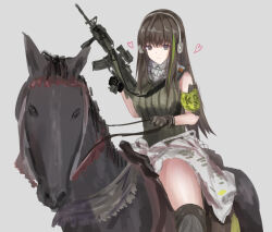 1girl absurdres armband assault_rifle clothes_around_waist girls&#039;_frontline gun headphones highres holding holding_gun holding_weapon horse horseback_riding jacket jacket_around_waist leash long_hair m4_carbine m4a1_(girls&#039;_frontline) martinreaction mask riding rifle saddle scope skull_mask vertical_foregrip weapon