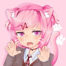 animal_ears blush cat_collar cat_ears cat_girl cat_tail collar fangs natsuki_(doki_doki_literature_club) paw_pose pink_background pink_eyes pink_hair pink_tail school_uniform tail whiskers