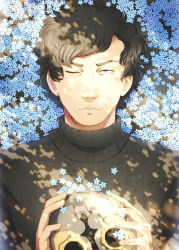 Rule 34 | 1boy, black hair, black shirt, blue eyes, closed mouth, commentary, dappled sunlight, english commentary, eyelashes, fingernails, flower, highres, holding, holding mask, holding unworn clothes, k (kyokugen dasshutsu), keycrash, kyokugen dasshutsu, kyokugen dasshutsu adv: zennin shibou desu, male focus, mask, one eye closed, outdoors, portrait, shirt, short hair, solo, spoilers, sunlight, turtleneck, unworn mask