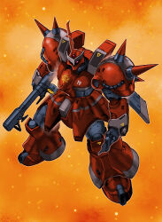 bazooka_(gundam) cable commentary_request dolmel emblem funbolt gundam holding holding_weapon looking_at_viewer machinery mecha mecha_focus mobile_suit mobile_suit_gundam:_ex_revue mobile_suit_gundam_katana nebula one-eyed red_eyes robot roundel science_fiction shoulder_spikes solo space spikes star_(sky) weapon zeon zero_gravity