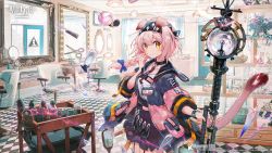 Rule 34 | 1girl, animal ears, arknights, black hairband, black skirt, blush, bottle, bracelet, braid, cat, cat ears, cat girl, cat tail, ceiling, chair, checkered floor, closed mouth, coat, collar, collarbone, comb, commentary, cowboy shot, day, desk, english commentary, eyebrows hidden by hair, figure, floating, floating object, garter straps, goldenglow (arknights), hair brush, hair dryer, hair salon, hairband, high-waist skirt, highres, holding, holding staff, id card, indoors, infection monitor (arknights), jar, jewelry, lamp, lightning bolt print, long hair, long sleeves, looking at viewer, mirror, multicolored coat, namie-kun, official art, open clothes, open coat, perfume bottle, reflection, scissors, shelf, shirt, side braid, skirt, smile, solo, staff, tail, two-tone coat, white shirt, yellow eyes
