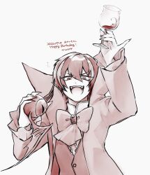 1boy arm_up bat_(animal) bow bowtie coat creature cup eyeball hands_up happy_birthday highres holding holding_creature holding_cup library_of_ruina long_sleeves monochrome multicolored_hair nosferatu_(project_moon) open_mouth project_moon red_theme simple_background smile solo streaked_hair upper_body v-shaped_eyebrows white_background yatsumeunagi