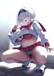 Rule 34 | 1girl, aqua panties, black hairband, blue eyes, bob cut, bow, breasts, full body, hair over eyes, hairband, highres, large breasts, long sleeves, looking at viewer, navel, noto kurumi, open mouth, original, panties, plump, red bow, red sailor collar, red skirt, sailor collar, school uniform, serafuku, shoes, short hair, skirt, sneakers, solo, squatting, thick thighs, thighs, third-party edit, underwear, white hair, white shoes