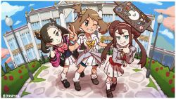 3girls alternate_costume asymmetrical_bangs bike_shorts_under_skirt black_hair black_nails blazer blue_eyes bow bowtie breasts bright_pupils brown_hair building butterfly_hair_ornament cellphone cherry_blossoms clothes_around_waist collared_shirt creatures_(company) double_bun fingernails floating from_above full_body game_freak gen_4_pokemon grey_jacket grin hair_bun hair_ornament hairband half-closed_eyes hand_up hands_up highres index_finger_raised jacket jacket_around_waist lamppost letterman_jacket light_blush long_hair long_sleeves looking_at_viewer loose_socks marnie_(academy)_(pokemon) may_(pokemon) multiple_girls nail_polish nintendo official_alternate_costume one_eye_closed open_clothes open_jacket otakuman outdoors phone pink_bow pink_bowtie pink_sleeves pleated_skirt pointing pointing_at_self pokemon pokemon_bw2 pokemon_masters_ex pokemon_swsh rosa_(academy)_(pokemon) rosa_(pokemon) rotom rotom_phone school school_uniform shirt short_sidetail short_sleeves skirt smartphone smile socks standing tree twintails v white_pupils white_shirt white_skirt white_socks yellow_bow