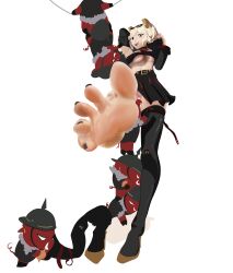 1girl absurdres barefoot blonde_hair breasts burnice_white feet highres light_blush long_hair looking_at_viewer paintcaramel red_eyes saliva saliva_trail shoes soles toes tongue tongue_out twintails underboob unworn_shoes zenless_zone_zero