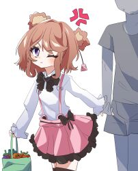 1boy 1girl 2025 age_difference anger_emoji animal_ears bear_ears bear_girl black_socks blush brother_and_sister brown_hair child curly_hair dress eggplant faceless faceless_male ferunonon food groceries indie_virtual_youtuber miruku_kumazuki one_eye_closed pink_dress pout siblings size_difference socks teenage_boy_and_younger_girl tomato white_background wink