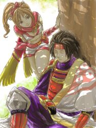 armor breasts brown_eyes brown_hair cleavage closed_eyes crop_top headband japanese_clothes kunoichi_(sengoku_musou) lips navel petals sanada_yukimura_(sengoku_musou) scarf sengoku_musou shorts side_ponytail sitting sleeping smile tree