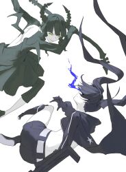 Rule 34 | 2girls, belt, black dress, black footwear, black hair, black horns, black jacket, black rock shooter, black rock shooter (character), black shorts, black wings, boots, dead master, dress, flaming eye, gloves, green eyes, highres, horns, jacket, kuthi0510, long hair, medium hair, multiple girls, pale skin, scythe, shorts, skeletal wings, twintails, white background, wings