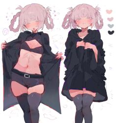 Rule 34 | 1girl, black cloak, black nails, black shorts, blue eyes, blunt bangs, blush, braid, braided hair rings, breasts, bunchi, cleavage, cloak, closed mouth, commentary request, crop top, hair rings, heart, highres, looking at viewer, multiple views, nanakusa nazuna (yofukashi no uta), navel, open mouth, short hair, shorts, simple background, sleeveless, sleeveless turtleneck, smile, standing, sweat, thighhighs, turtleneck, white background, yofukashi no uta