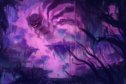 animal_focus artist_name commentary_request creatures_(company) distortion_world floating floating_island game_freak gen_4_pokemon giratina giratina_(origin) glowing glowing_eyes glowing_mouth highres legendary_pokemon nature night nintendo no_humans outdoors pink_eyes pokemon pokemon_(creature) purple_theme scenery solo tree upper_body water waterfall yuugurin