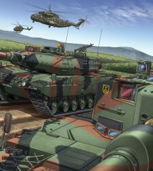 2others absurdres aircraft ambiguous_gender blue_sky bundeswehr caterpillar_tracks ch-53 cloud commentary_request cross day dirt_road eurocopter_ec145 flower fn_mag german_army german_flag germany grass gun helicopter highres insignia iron_cross leopard_2 license_plate machine_gun mikeran_(mikelan) military military_vehicle motor_vehicle mountainous_horizon multiple_others original outdoors pilot radio_antenna red_flower road roundel shadow sky tank vehicle_focus weapon white_flower yellow_flower