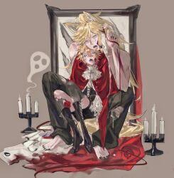 2boys absurdres alternate_costume animal_ears aotu_world arms_up ascot barefoot black_boots black_nails black_pants black_shorts black_thighhighs blonde_hair blood blood_on_face blue_eyes boots candle candlestand cape chinese_commentary fangs fingernails flower ghost hair_between_eyes halloween halloween_costume highres junge914 king_(aotu_world) long_hair looking_at_viewer male_focus multiple_boys nail_polish open_mouth pants pelley_(aotu_world) picture_frame pink_eyes red_cape red_flower red_ribbon ribbon rose sharp_fingernails short_hair shorts sitting tail thighhighs toenail_polish toenails torn_clothes torn_thighhighs vampire vampire_costume werewolf white_ascot wolf_boy wolf_ears wolf_tail yaoi