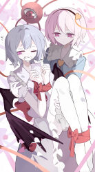 2girls @_@ absurdres ascot bat_wings blue_hair blue_shirt bound bow buttons carrying carrying_person collar commentary_request commission dress flying_sweatdrops gag hair_ornament headband heart heart_button heart_hair_ornament highres improvised_gag komeiji_satori multiple_girls no_headwear no_shoes one_eye_closed pink_background pink_dress pink_hair pink_shirt pixiv_commission purple_eyes putchi_(kinokonokami) red_ascot red_bow red_eyes red_ribbon remilia_scarlet ribbon ribbon_bondage shirt short_sleeves tape tape_gag thighhighs third_eye touhou white_collar white_thighhighs wings