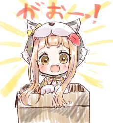 1girl :d animal_costume animal_ear_fluff animal_ears blush box brown_eyes brown_hair cardboard_box chibi commentary_request fang fangs highres hood hood_up ichihara_nina idolmaster idolmaster_cinderella_girls idolmaster_cinderella_girls_starlight_stage in_box in_container long_hair looking_at_viewer open_mouth rino_cnc smile solo tongue tongue_out translation_request very_long_hair white_background wolf_costume wolf_ears wolf_hood