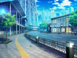 artist_request blue_sky building city cloud day game_cg gleam lamppost magia_record:_mahou_shoujo_madoka_magica_gaiden mahou_shoujo_madoka_magica no_humans official_art outdoors pillar radio_tower road scenery shop sidewalk sky skyscraper street tree