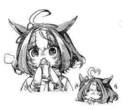 1girl =_= ahoge animal_ears blush closed_eyes coat cropped_torso eating food greyscale hairband heart heart_ahoge highres holding holding_food horse_ears mame_nabe_donko meisho_doto_(umamusume) mittens monochrome motion_lines multicolored_hair multiple_views short_hair steam streaked_hair taiyaki umamusume upper_body wagashi