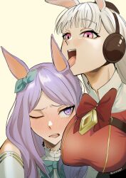 2girls animal_ears blush gold_ship_(umamusume) grey_background grey_hair highres horse_ears horse_girl mejiro_mcqueen_(umamusume) multiple_girls one_eye_closed pastepiphany pink_eyes purple_eyes purple_hair simple_background tongue tongue_out umamusume upper_body