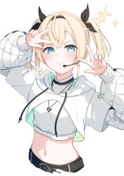 1girl arm_up blonde_hair blue_eyes brat_(brabrabrat00) closed_mouth commentary_request crop_top cropped_hoodie cropped_torso double_w drawstring hair_ribbon hand_up highres hololive hood hood_down hoodie jewelry kazama_iroha kazama_iroha_(pop_dance) long_hair long_sleeves looking_at_viewer midriff navel necklace ribbon shirt simple_background smile solo sparkle stomach twintails undershirt v-shaped_eyebrows virtual_youtuber w white_background white_hoodie white_shirt