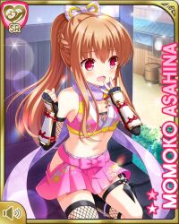 1girl :o arm_guards asahina_momoko bow brown_dress brown_hair brown_thighhighs card_(medium) character_name dress fishnet_thighhighs fishnets girlfriend_(kari) hair_bow hair_ribbon indoors kneeling midriff ninja official_art one_side_up open_mouth pink_bow pink_skirt purple_scarf qp:flapper red_eyes ribbon scarf side_ponytail skirt solo thighhighs