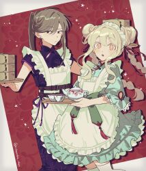 2girls bamboo_steamer belt black_dress brown_belt china_dress chinese_clothes cup double_bun dress hair_bun hair_ribbon highres kagerou_project kido_tsubomi kozakura_marry long_hair looking_at_viewer maid maid_headdress mokemoke_chan multiple_girls open_mouth pink_eyes qi_maid red_background red_ribbon ribbon sidelocks teacup teapot white_hair