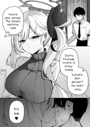 Rule 34 | 1boy, 1girl, absurdres, aged up, alternate breast size, bare shoulders, blue archive, blush, breasts, clover dot (clov erd), english text, greyscale, halo, highres, large breasts, long hair, looking at viewer, monochrome, mutsuki (blue archive), necktie, pout, sensei (blue archive), shirt, side ponytail, sleeveless, sleeveless sweater, speech bubble, sweater, turtleneck, turtleneck sweater