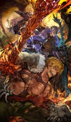 Rule 34 | 3boys, abs, arm tattoo, armor, belt, beowulf (fate), black-framed eyewear, black gloves, black hair, black pants, black shirt, blonde hair, blue cape, brown belt, cape, closed mouth, commentary request, covered pectorals, curtained hair, dark-skinned male, dark skin, dutch angle, fate/grand order, fate (series), fire, glasses, gloves, holding, holding shield, holding sword, holding weapon, lava, light trail, male focus, multicolored hair, multiple boys, muscular, muscular male, naegling (fate), nipples, no shirt, official art, open mouth, pants, pectorals, red eyes, scar, scar on chest, scar on face, shield, shirt, short hair, shoulder armor, shoulder belt, siegfried (fate), sigurd (fate), smile, sodate! my little dragon, spiked hair, suzuhi (fullprayer), sword, tattoo, teeth, third-party source, torn clothes, two-tone hair, upper teeth only, weapon, white hair