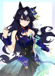 1girl animal_ears az_(azkin_g) bare_shoulders blue_eyes blue_hair detached_collar ear_covers earrings hair_between_eyes highres horse_ears horse_girl jewelry long_hair looking_at_viewer mole mole_under_eye simple_background single_ear_cover single_earring smile solo umamusume verxina_(umamusume) white_background wrist_cuffs