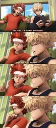 2boys 3d 4koma absurdres bakugou_katsuki bare_shoulders blonde_hair boku_no_hero_academia comic couch english_text greatm8 handheld_game_console headband highres kirishima_eijirou male_focus multiple_boys nintendo_3ds red_eyes red_hair red_shirt sharp_teeth shirt short_sleeves sitting sleeveless smile spiked_hair tank_top teeth window