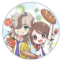 Rule 34 | 1boy, 1girl, :d, ahoge, arm up, arven (pokemon), braid, bread, brown eyes, brown hair, collared shirt, commentary request, eyelashes, food, fruit, green eyes, grin, hair over one eye, hand up, happy, holding, holding food, holding fruit, juliana (pokemon), long hair, mustard bottle, necktie, nintendo, open clothes, open mouth, open vest, pokemon, pokemon sv, purple necktie, school uniform, shinogo no, shirt, smile, teeth, tomato, tomato slice, vest, white shirt, yellow vest