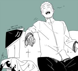 Rule 34 | 1boy, bandaged arm, bandages, boruto: naruto next generations, closed eyes, couch, green background, long sleeves, male focus, naruto (series), ninja, open mouth, short hair, simple background, sitting, solo, spiked hair, uzumaki naruto, yawning, zifletts