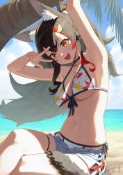 Rule 34 | 1girl, :d, animal ears, arm up, armpits, beach, bikini, black hair, blue sky, breasts, cloud, commentary, crossed bangs, cumulonimbus cloud, day, double-parted bangs, front-tie bikini top, front-tie top, hair between eyes, hair ornament, hairclip, hand up, highres, hololive, large breasts, leaf print, long hair, looking at viewer, makimaki makky7, multicolored hair, navel, official alternate costume, official alternate hairstyle, ookami mio, ookami mio (hololive summer 2019), open mouth, outdoors, print bikini, red hair, short shorts, shorts, side-tie bikini bottom, side slit, side slit shorts, sidelocks, sitting, sky, smile, solo, stomach, streaked hair, swimsuit, symbol-only commentary, tail, tail around own leg, tail wrap, thigh strap, v, very long hair, virtual youtuber, white bikini, white shorts, wide ponytail, wolf ears, wolf girl, wolf tail, yellow eyes