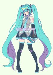 1girl absurdres black_boots blue_eyes blue_hair boots detached_sleeves full_body grey_shirt hareeangkki hatsune_miku headset highres long_hair number_tattoo pleated_skirt shirt simple_background skirt solo tattoo thigh_boots thighhighs twintails very_long_hair vocaloid white_background zettai_ryouiki