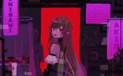 1girl ahoge akihabara_(tokyo) bare_shoulders bathtub blonde_hair blood blood_on_face cameo commentary elira_pendora english_commentary english_text fairy fairy_wings glitch highres horror_(theme) industrial_pipe jar juliet_sleeves long_hair long_sleeves looking_at_viewer looking_back mannequin nijisanji nijisanji_en open_mouth picture_frame pikl_(elira_pendora) plant pointy_ears pomu_rainpuff pomu_rainpuff_(1st_costume) puffy_sleeves red_eyes sakai_eri_(illustratoreri) shower_curtain smile straight_hair towel virtual_youtuber wings