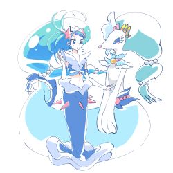 1girl :o blue_eyes blue_hair cosplay costume_switch cure_mermaid cure_mermaid_(cosplay) fingerless_gloves gen_7_pokemon gloves go!_princess_precure haru_283 midriff navel nintendo pokemon pokemon_(creature) precure primarina primarina_(cosplay) simple_background tail white_background