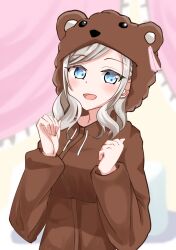 1girl :d alternate_costume animal_costume animal_hood bear_costume bear_hood bed blue_eyes canopy_bed ceras_yanagida_lilienfeld commentary_request corocoro567 grey_hair hands_up highres hood hood_up indoors link!_like!_love_live! long_hair love_live! open_mouth pink_ribbon ribbon sidelocks smile solo swept_bangs upper_body virtual_youtuber