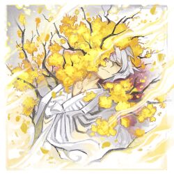 1girl blood branch closed_mouth coat dongbaek_(project_moon) e.g.o_(project_moon) falling_petals flaw_eight flower grey_coat hanbok leaning_to_the_side limbus_company open_clothes petals project_moon short_hair solo spicebush_(e.g.o) upper_body white_hair white_hanbok yellow_flower